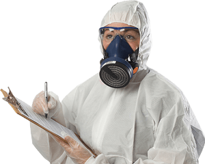 Asbestos surveyor in mask and coveralls