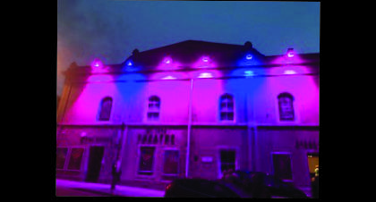 St Ives Theatre with purple illuminations 